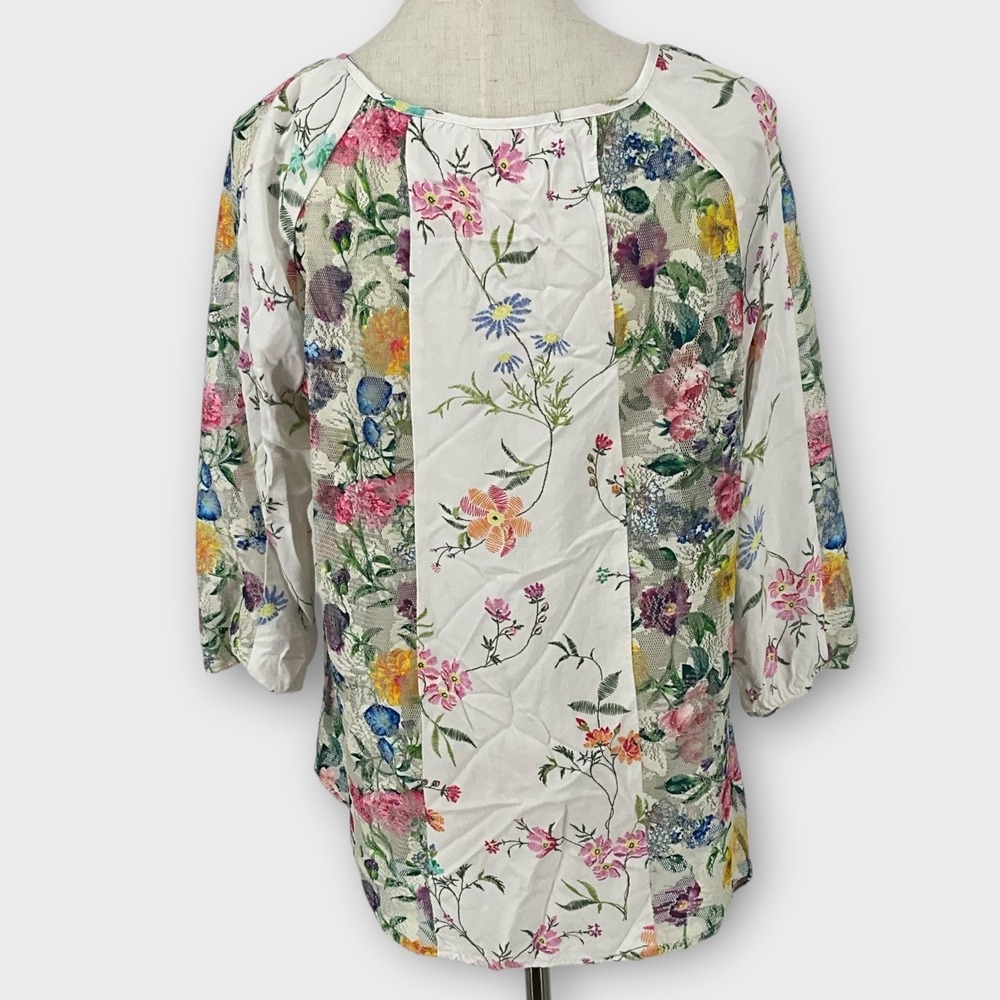 Fig and Flower Floral Lace Patchwork Tie Neck Blouse Top Women Med Cottage Core - Picture 4 of 7